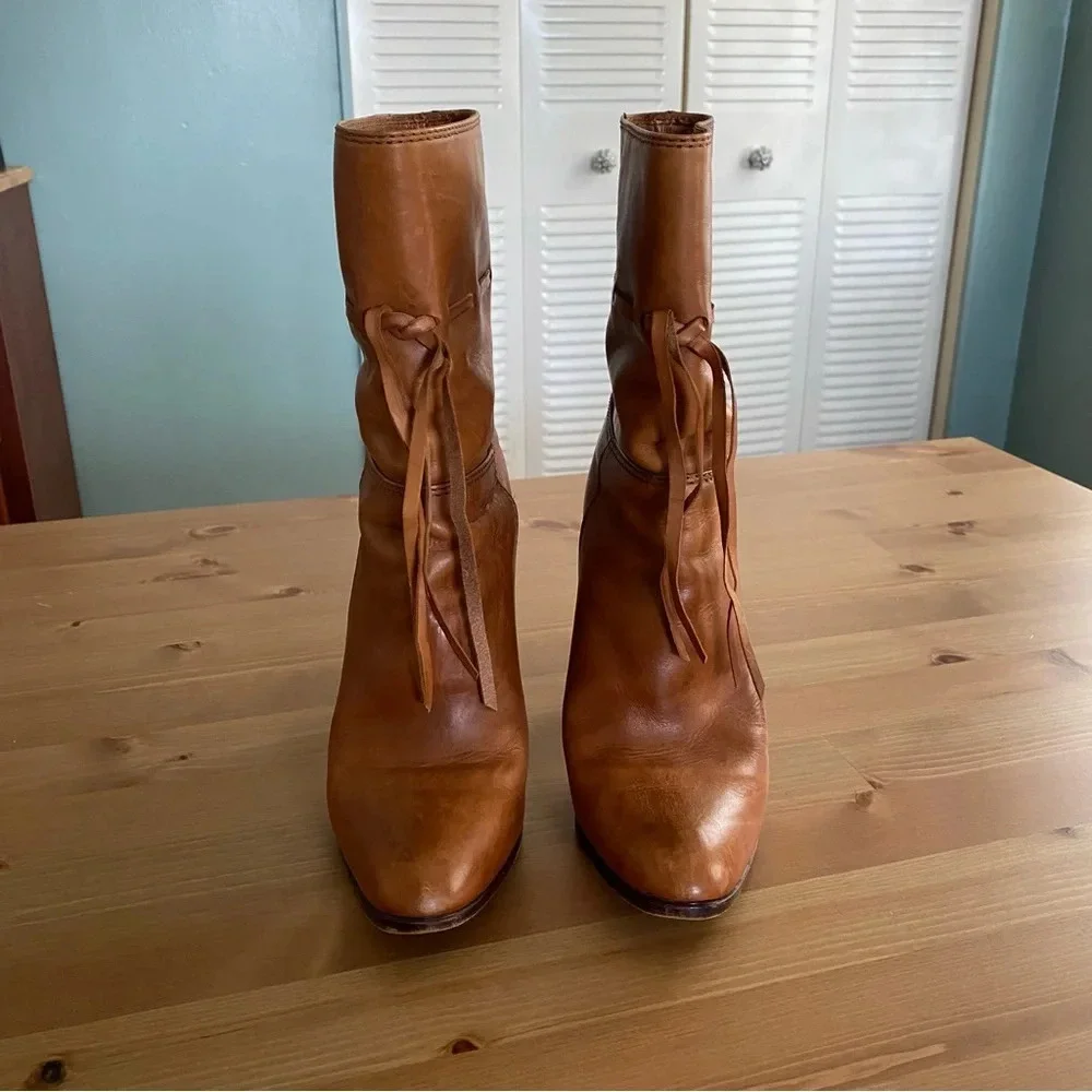 Hana Mackler Cognac 100% Genuine Leather Ankle Boots 8 AA Narrow VTG 80s 4” Heel - Picture 2 of 13